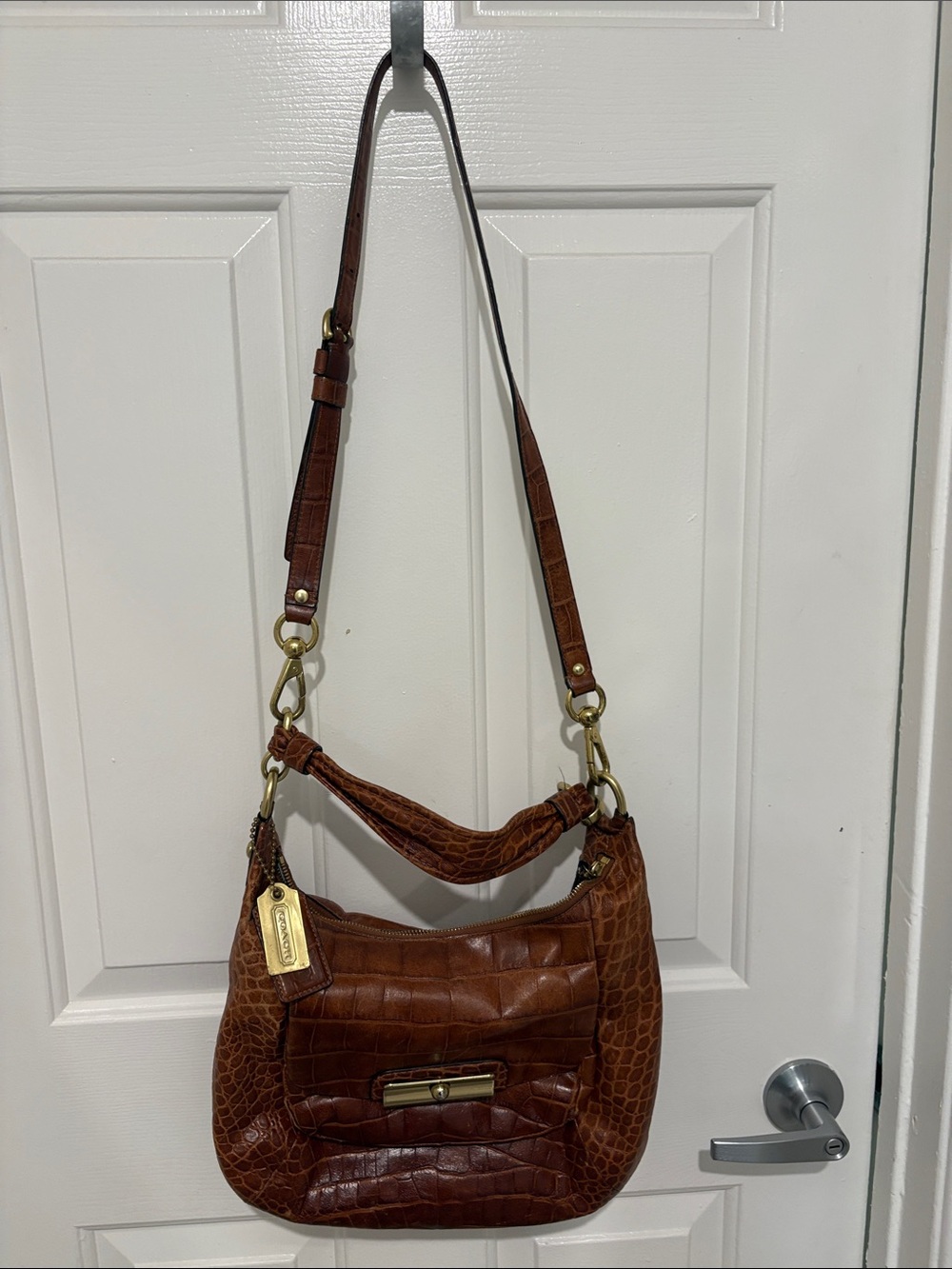 Coach Croc-Embossed Brown Leather Hobo with Gold Hardware
